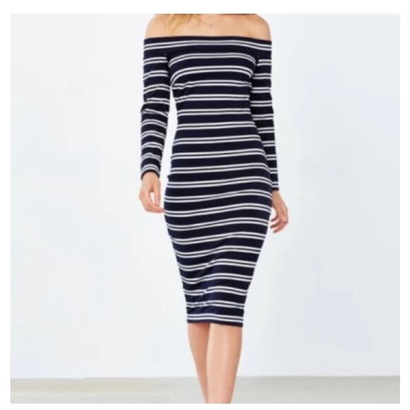 Bec & Bridge Ahoy Long Sleeve Off the Shoulder Midi Dress in Ink Stripe Size 8 - Picture 2 of 9
